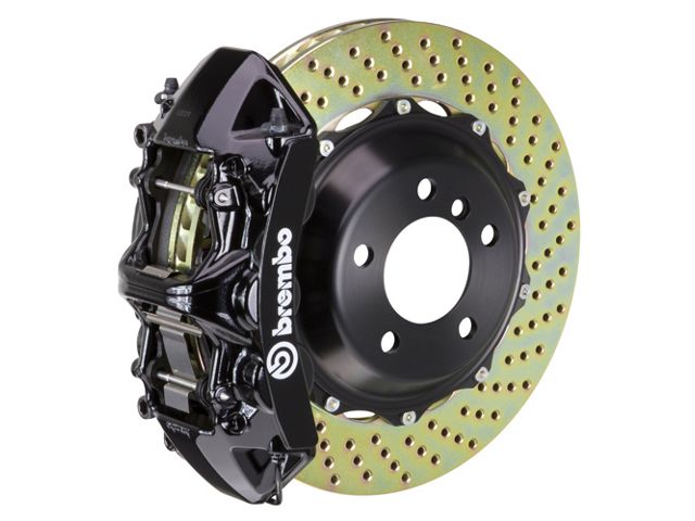 Brembo GT Series 6-Piston Front Big Brake Kit with 15-Inch 2-Piece Cross Drilled Rotors; Black Calipers (11-14 Mustang GT Brembo; 12-13 Mustang BOSS 302; 07-12 Mustang GT500)