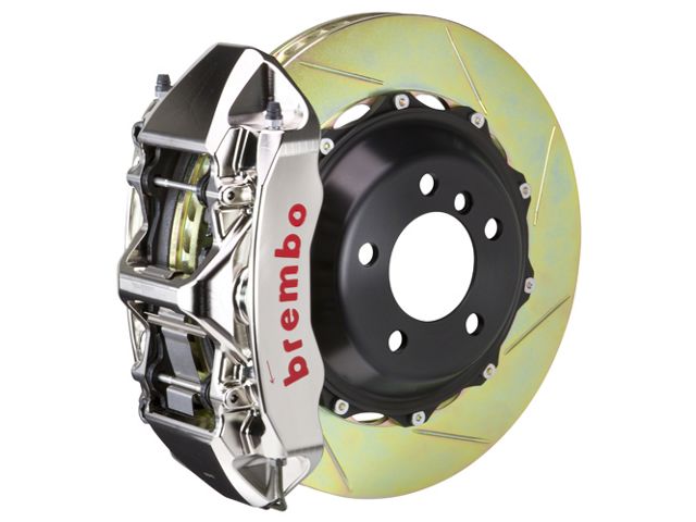 Brembo GT Series 6-Piston Front Big Brake Kit with 15-Inch 2-Piece Type 1 Slotted Rotors; Nickel Plated Calipers (05-14 Mustang GT w/o Performance Pack, V6)