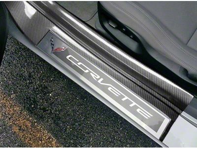 Door Sill Guards with Cutout; Gloss Hydro Carbon Fiber (14-19 Corvette C7)