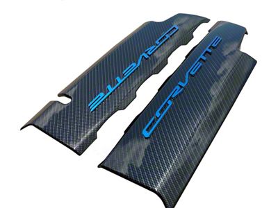 CA Hydro Carbon Fiber Fuel Rail Covers with Admiral Blue Letters; OEM Textured Gloss Clear Finish (14-19 Corvette C7 Grand Sport, Stingray)