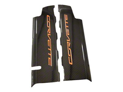 CA Hydro Carbon Fiber Fuel Rail Covers with Daytona Sunrise Orange Letters; OEM Textured Gloss Clear Finish (14-19 Corvette C7 Grand Sport, Stingray)