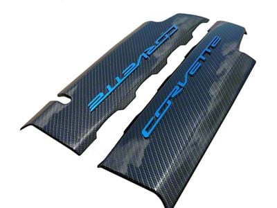 CA Hydro Carbon Fiber Fuel Rail Covers with Laguna Blue Letters; Smooth Gloss Clear Finish (14-19 Corvette C7 Grand Sport, Stingray)