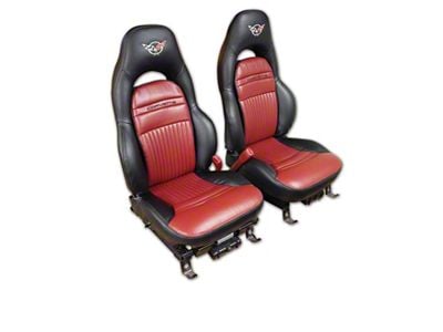 CA OE Spec Leather Sport Seat Upholstery with Corvette Script and Headrest Cross Logos; Black (97-04 Corvette C5)