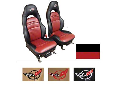 CA OE Spec Leather Standard Seat Upholstery with Headrest Cross Logos; Black (97-04 Corvette C5)