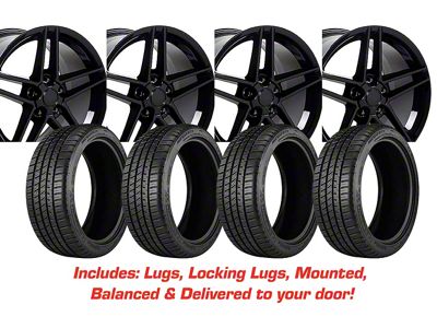 Staggered C6 Z06 Style Gloss Black Wheel and Michelin Pilot Sport A/S 4 Tire Kit; 17x9.5/18x10.5 (97-04 Corvette C5)