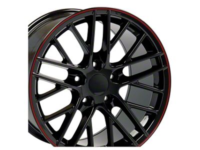 Staggered C6 ZR1 Style Gloss Black with Red Stripe 4-Wheel Kit; 17x9.5/18x10.5; 54mm/56mm Offset (97-04 Corvette C5)