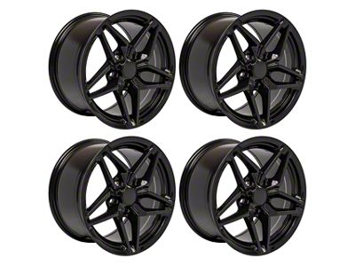 Staggered C7 ZR1 Style Gloss Black 4-Wheel Kit; 17x9.5/18x10.5; 56mm/56mm Offset (97-04 Corvette C5)