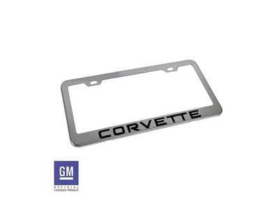 License Plate Frame with Black Corvette Script; Polished Stainless Steel (Universal; Some Adaptation May Be Required)
