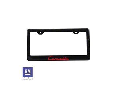 License Plate Frame with Red Corvette Script; Carbon Fiber (Universal; Some Adaptation May Be Required)