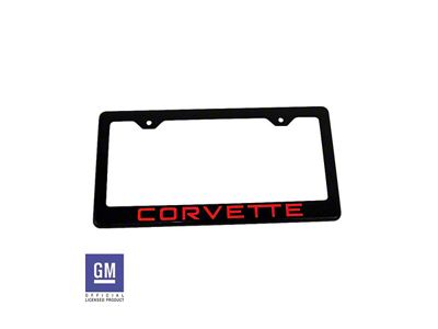 License Plate Frame with Red Corvette Script; Carbon Fiber (Universal; Some Adaptation May Be Required)