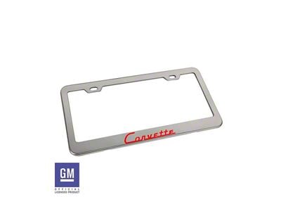 License Plate Frame with Red Corvette Script; Polished Stainless Steel (Universal; Some Adaptation May Be Required)
