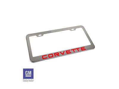 License Plate Frame with Red Corvette Script; Polished Stainless Steel (Universal; Some Adaptation May Be Required)