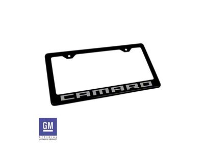 License Plate Frame with Silver Camaro Script; Matte Black (Universal; Some Adaptation May Be Required)