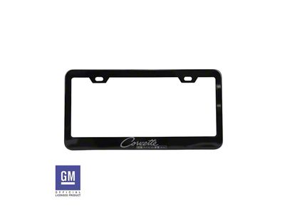 License Plate Frame with Silver Corvette Sting Ray Script; Matte Black Stainless Steel (Universal; Some Adaptation May Be Required)