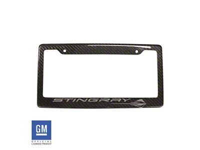 License Plate Frame with Silver Stingray Script and Logo; Carbon Fiber (Universal; Some Adaptation May Be Required)