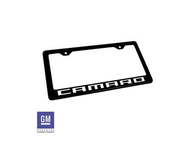 License Plate Frame with White Camaro Script; Matte Black (Universal; Some Adaptation May Be Required)