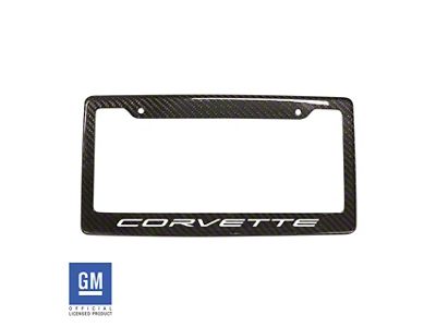 License Plate Frame with White Corvette Script; Carbon Fiber (Universal; Some Adaptation May Be Required)