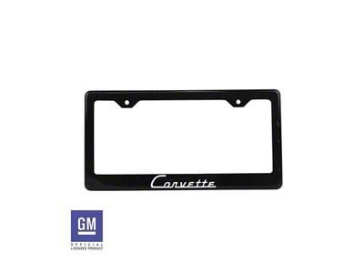 License Plate Frame with White Corvette Script; Carbon Fiber (Universal; Some Adaptation May Be Required)