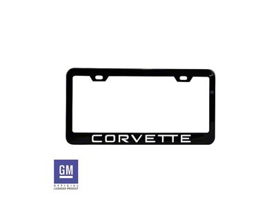 License Plate Frame with White Corvette Script; Matte Black Stainless Steel (Universal; Some Adaptation May Be Required)