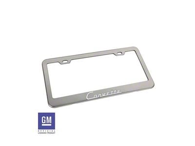 License Plate Frame with White Corvette Script; Polished Stainless Steel (Universal; Some Adaptation May Be Required)