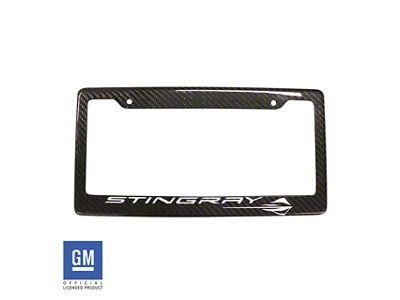 License Plate Frame with White Stingray Script and Logo; Carbon Fiber (Universal; Some Adaptation May Be Required)