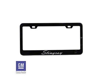 License Plate Frame with White Stingray Script; Matte Black Stainless Steel (Universal; Some Adaptation May Be Required)