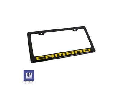 License Plate Frame with Yellow Camaro Script; Carbon Fiber (Universal; Some Adaptation May Be Required)