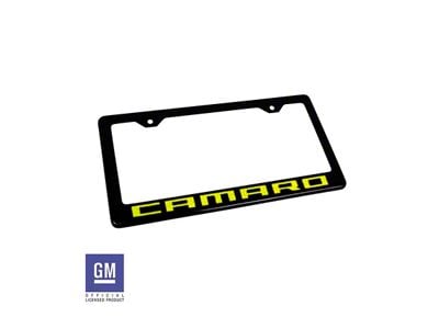 License Plate Frame with Yellow Camaro Script; Matte Black (Universal; Some Adaptation May Be Required)