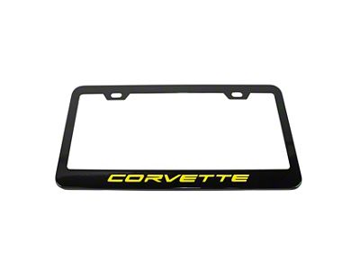 License Plate Frame with Yellow Corvette Script; Matte Black (Universal; Some Adaptation May Be Required)