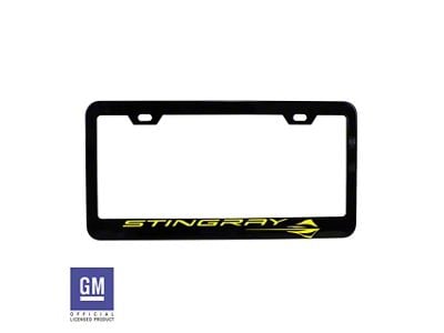 License Plate Frame with Yellow Stingray Script and Logo; Matte Black (Universal; Some Adaptation May Be Required)