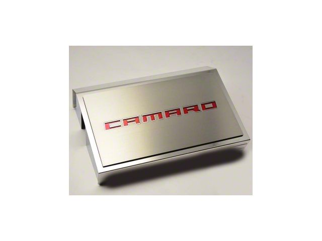 Brushed Fuse Box Cover with Camaro Top Plate; Orange Carbon Fiber Inlay (16-24 Camaro)