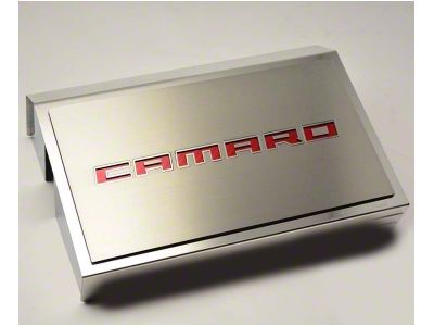 Brushed Fuse Box Cover with Camaro Top Plate; Orange Carbon Fiber Inlay (16-24 Camaro)