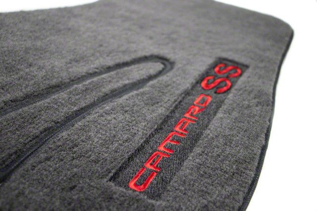 Camaro Carpet Front Floor Mats with Camaro SS Logo; Ebony (93-02