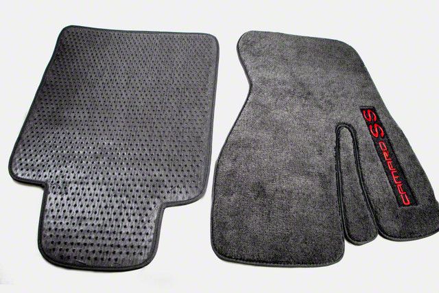 Camaro Carpet Front Floor Mats with Camaro SS Logo; Ebony (93-02