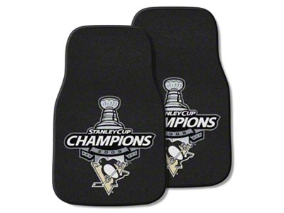 Carpet Front Floor Mats with Pittsburgh Penguins 2009 NHL Stanley Cup Champions Logo; Black (Universal; Some Adaptation May Be Required)