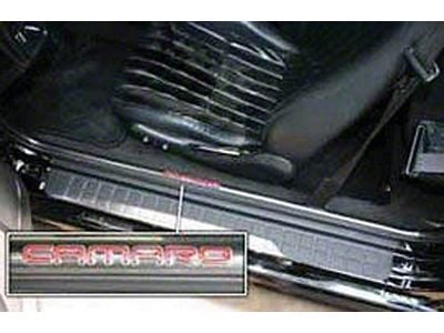 Door Sill Plate Covers with Camaro Logo; Black (93-02 Camaro Coupe)