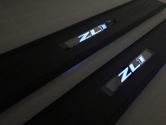 Door Sill Plates with Blue ZL1 Logo; Black; (10-24 Camaro)