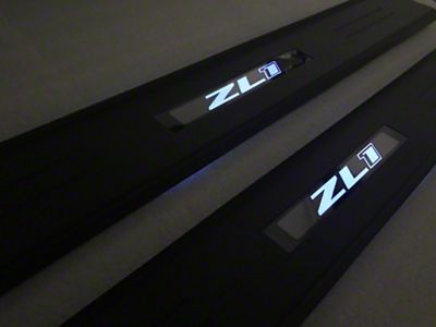 Door Sill Plates with Blue ZL1 Logo; Black; (10-24 Camaro)