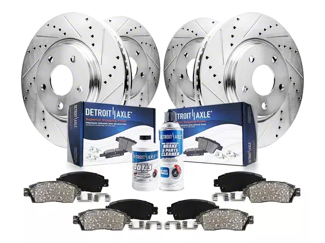 Drilled and Slotted Brake Rotor, Pad, Brake Fluid and Cleaner Kit; Front and Rear (11-15 Camaro SS)