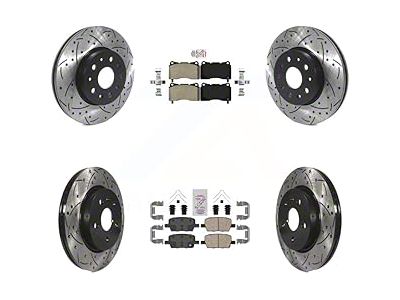 Drilled and Slotted Brake Rotor and Semi-Metallic and Ceramic Pad Kit; Front and Rear (16-24 Camaro LS & LT w/ 4-Piston Front Calipers; 2020 Camaro LT1)