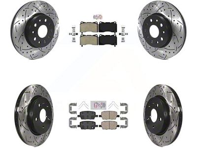 Drilled and Slotted Brake Rotor and Semi-Metallic and Ceramic Pad Kit; Front and Rear (16-24 Camaro LS & LT w/ 4-Piston Front Calipers; 2020 Camaro LT1)