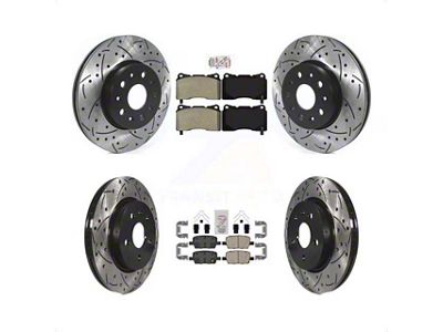Drilled and Slotted Brake Rotor and Semi-Metallic and Ceramic Pad Kit; Front and Rear (16-24 Camaro LS & LT w/ 4-Piston Front Calipers; 2020 Camaro LT1)