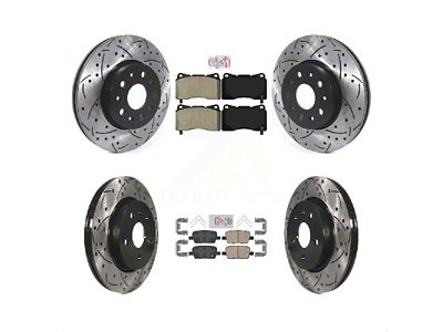 Drilled and Slotted Brake Rotor and Semi-Metallic and Ceramic Pad Kit; Front and Rear (16-24 Camaro LS & LT w/ 4-Piston Front Calipers; 2020 Camaro LT1)