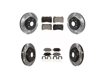 Drilled and Slotted Brake Rotor and Semi-Metallic Pad Kit; Front and Rear (16-24 Camaro LS & LT w/ 4-Piston Front Calipers; 2020 Camaro LT1)