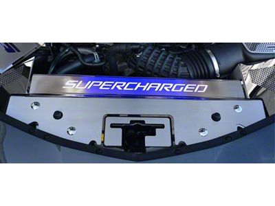 Illuminated Front Header Plate with Supercharged Lettering; Polished (16-24 V6, V8 Camaro)