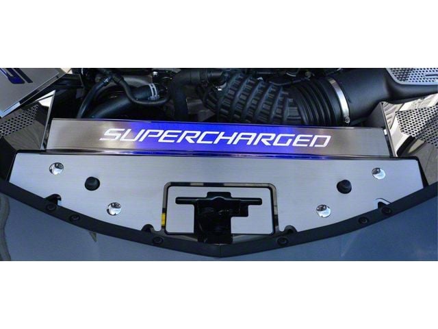Illuminated Front Header Plate with Supercharged Lettering; Polished (16-24 V6, V8 Camaro)