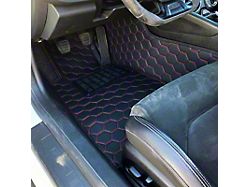 Honeycomb Leather Front and Rear Floor Mat Liners; Black with Red Stitchcing (10-15 Camaro)