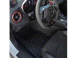 Honeycomb Leather Front and Rear Floor Mat Liners; Black with White Stithcing (16-23 Camaro)