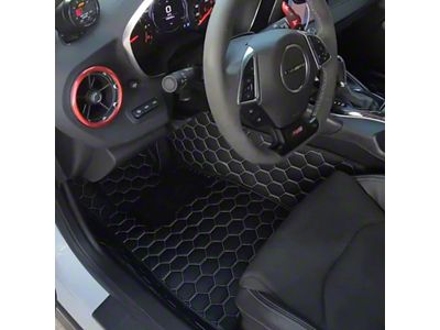 Honeycomb Leather Front and Rear Floor Mat Liners; Black with White Stithcing (16-23 Camaro)