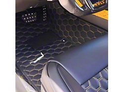 Honeycomb Leather Front and Rear Floor Mat Liners; Black with Yellow Stithcing (10-15 Camaro)